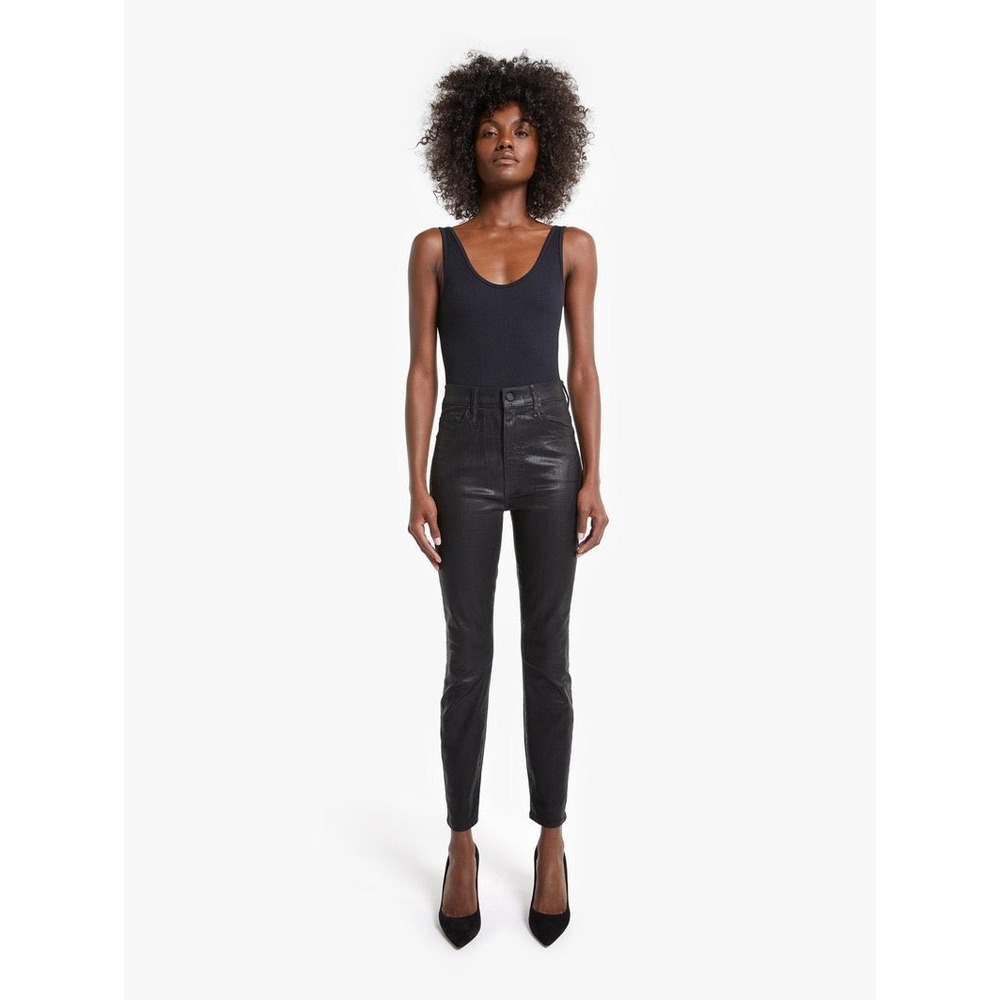 Mother The Swooner‎ Ankle Jeans Women 27 Black Coated High Rise Skinny Wet Paint
